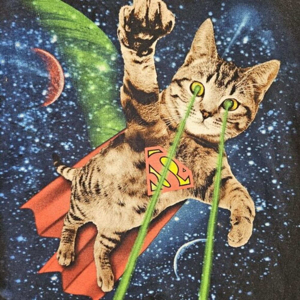 Superman Super Cat Green Laser Beam In Space T-shirt Men's Size XL Black Tee - Picture 6 of 10